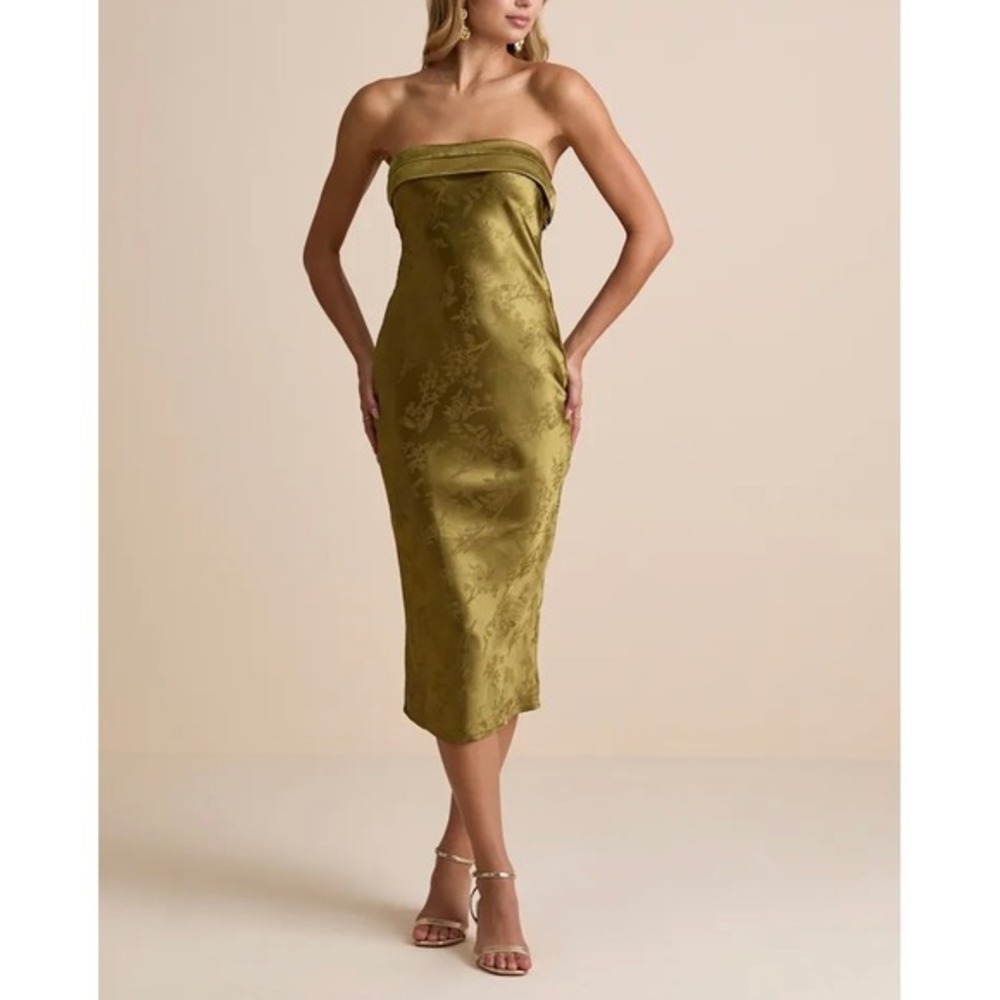 NWT Lulus Impressive Favorite Olive Jacquard‎ Strapless Midi Dress XS